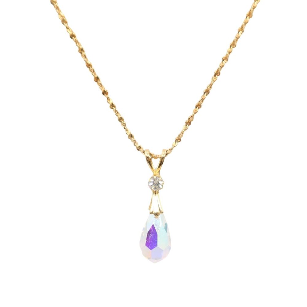 Gold Tone Aurora Borealis AB Faceted Crystal Drop Pendant Necklace 18" Unsigned